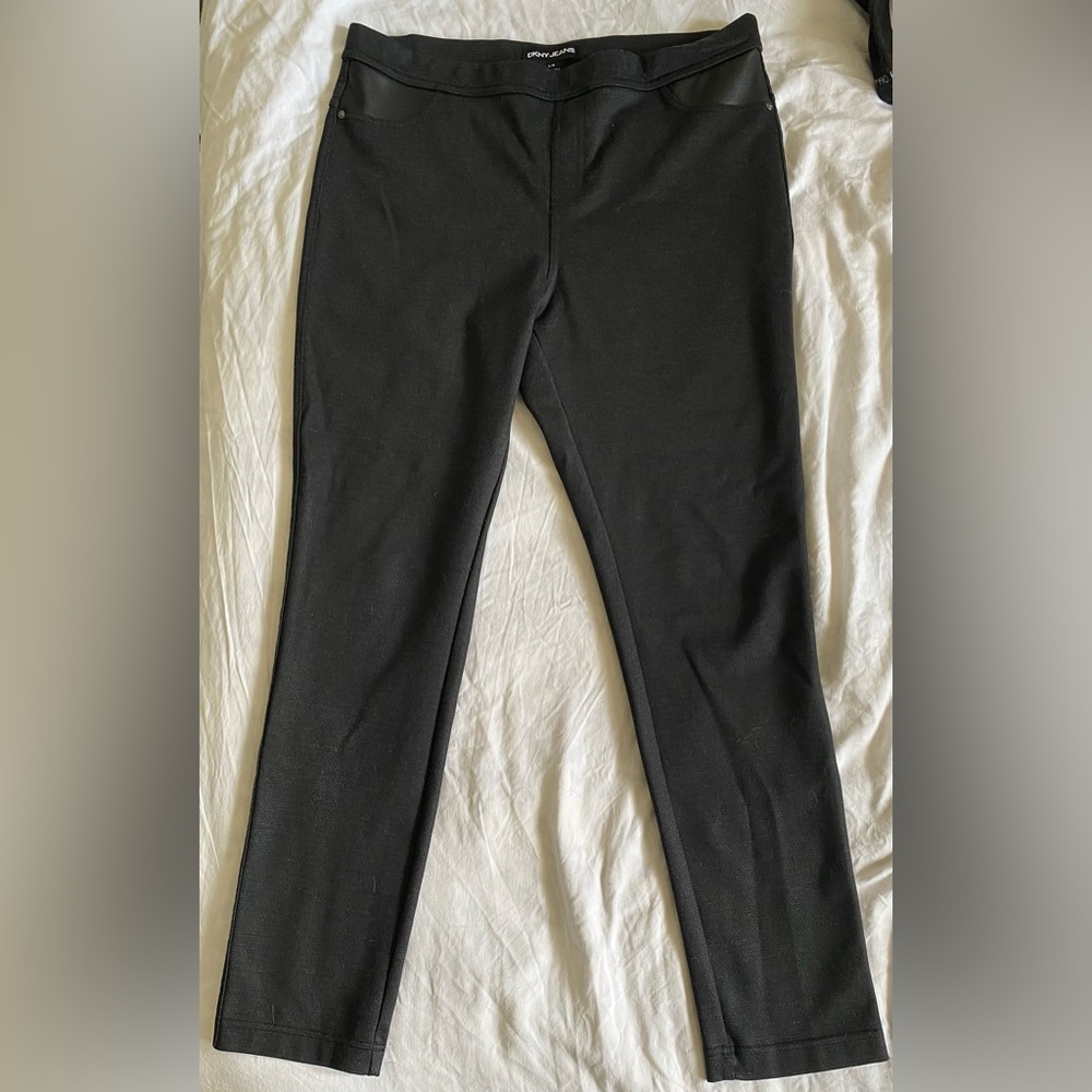 DKNY Jeans Knit Pull On Pants Faux Leather Pocket Black Casual Women's L
